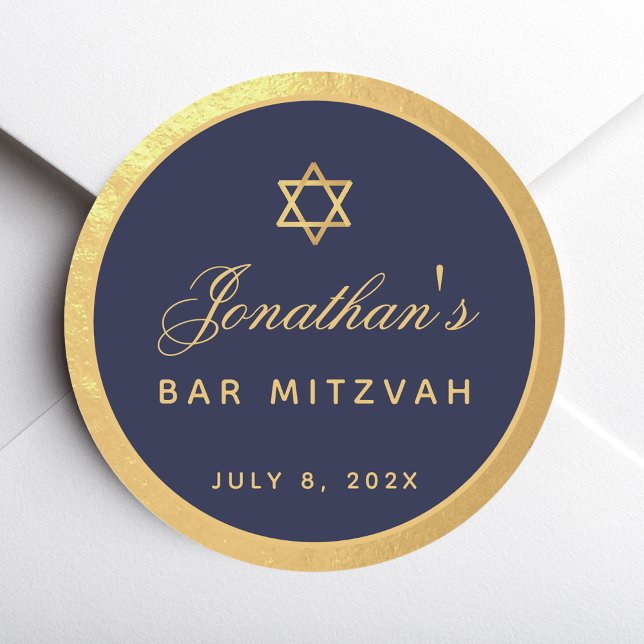 Bar Mitzvah Navy Blue Faux Gold Elegant Script Classic Round Sticker (Creator Uploaded)