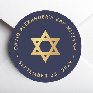 Bar Mitzvah Navy Blue Faux Gold Foil Star of David Classic Round Sticker