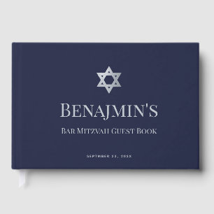 Bar Mitzvah Navy Blue Faux Silver Star of David Guest Book