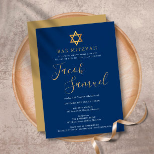 Bar Mitzvah Navy Blue Gold Script Invitation
