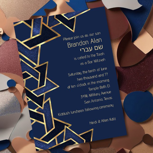 Bar Mitzvah Navy Blue Gold Star of David Invitation (Creator Uploaded)