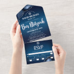 Bar Mitzvah Navy Blue Ombre Agate Modern Script All In One Invitation<br><div class="desc">Be proud, rejoice and showcase this milestone of your favourite Bar Mitzvah! Send out this cool, unique, modern, custom all-in-one invitation for an event to remember. White script typography and Star of David overlay a deep navy blue ombre background with steel blue agate accented with faux silver veins. This all-in-one...</div>