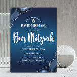 Bar Mitzvah Navy Blue Ombre Agate Modern Script  Invitation<br><div class="desc">Be proud, rejoice and showcase this milestone of your favourite Bar Mitzvah! Send out this cool, unique, modern, personalised invitation for an event to remember. White script typography and Star of David overlay a deep navy blue ombre background with steel blue agate accented with faux silver veins. Personalise the custom...</div>