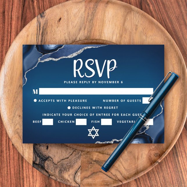 Bar Mitzvah Navy Blue Ombre Agate Script Entrée RSVP Card (Creator Uploaded)