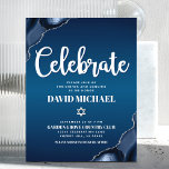 Bar Mitzvah Navy Blue Ombre Agate Script Modern Enclosure Card<br><div class="desc">Be proud, rejoice and showcase this milestone of your favourite Bar Mitzvah! Include this cool, unique, modern, personalised insert for additional information to your event. White script typography and Star of David overlay a deep navy blue ombre background with steel blue agate accented with faux silver veins. Personalise the custom...</div>