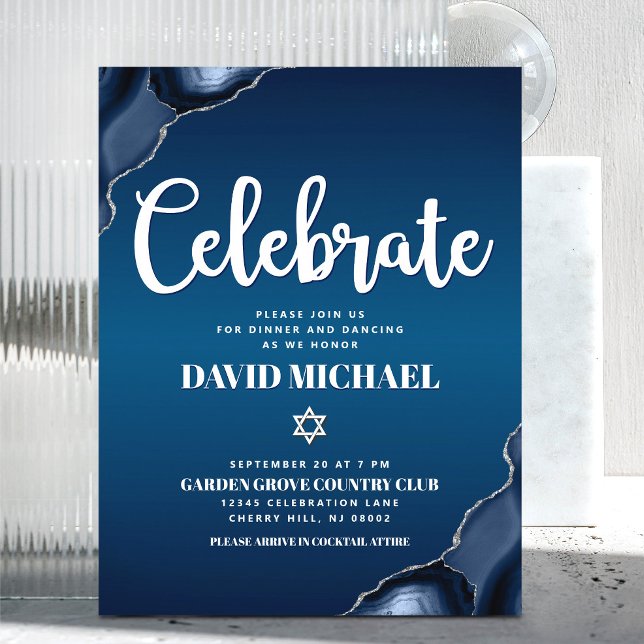 Bar Mitzvah Navy Blue Ombre Agate Script Modern Enclosure Card (Creator Uploaded)
