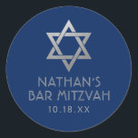Bar Mitzvah Navy Blue & Silver Star of David Name Classic Round Sticker<br><div class="desc">Elegant modern blue and silver classic bar mitzvah stickers with custom name,  date and Star of David design. These bar mitzvah favour tag stickers are stylish and classy envelope seals,  or on your bar and bat mitzvah party decor projects.</div>