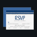 Bar Mitzvah Navy Blue Silver Tallit Script Bold RSVP Card<br><div class="desc">Be proud, rejoice and celebrate this milestone of your favourite Bar Mitzvah with this cool, unique, modern, personalised RSVP insert card for your event! Bold, navy blue script typography and a navy blue and faux silver glitter striped tallit inspired graphic overlay a simple, white background. Personalise the custom text with...</div>