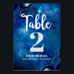 Bar Mitzvah Navy Galaxy Watercolor Agate Script Table Number<br><div class="desc">No Bar Mitzvah party is complete without personalised table number cards. Let your son be proud, rejoice and celebrate his milestone at his perfectly coordinated party. White calligraphy script, light blue grey and white typography, and steel blue agate rocks accented with faux silver veins overlay a deep blue galaxy watercolor...</div>