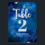 Bar Mitzvah Navy Galaxy Watercolor Agate Script Table Number<br><div class="desc">No Bar Mitzvah party is complete without personalised table number cards. Let your son be proud, rejoice and celebrate his milestone at his perfectly coordinated party. White calligraphy script, light blue grey and white typography, and steel blue agate rocks accented with faux silver veins overlay a deep blue galaxy watercolor...</div>