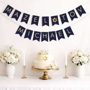Bar Mitzvah Navy Gold Star 7 Letter Name Mazel Tov Bunting