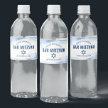 Bar Mitzvah Navy Typography Bold Blue Foil Modern Water Bottle Label<br><div class="desc">No Bar Mitzvah party is complete without personalised water bottles. Let your son be proud, rejoice and celebrate his milestone at his perfectly coordinated party. Faux metallic light blue foil brush strokes, navy blue typography and a navy blue Star of David overlay a clean, white background. Personalise the custom text...</div>