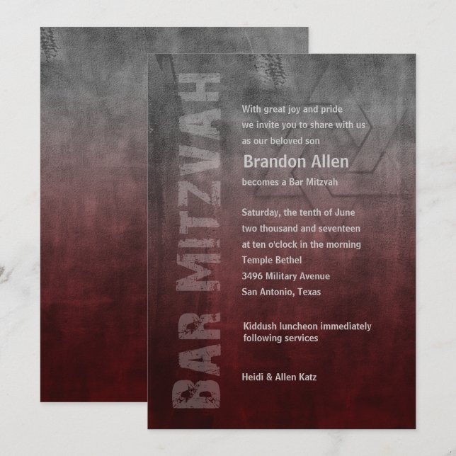 Bar Mitzvah Ombre Grunge Red Invitation (Front/Back)