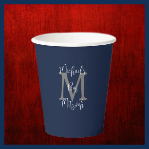 Bar Mitzvah Party Name Grey Monogram White Blue Paper Cups
