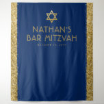 Bar Mitzvah Photo Backdrop Blue Gold Tapestry<br><div class="desc">Bar Mitzvah Personalised Photo Backdrop Tapestry with navy blue background and gold sparkly glitter stripe border edges and faux gold Star of David at the top. Change the background colours and fonts by clicking "customise further" to design your own.</div>