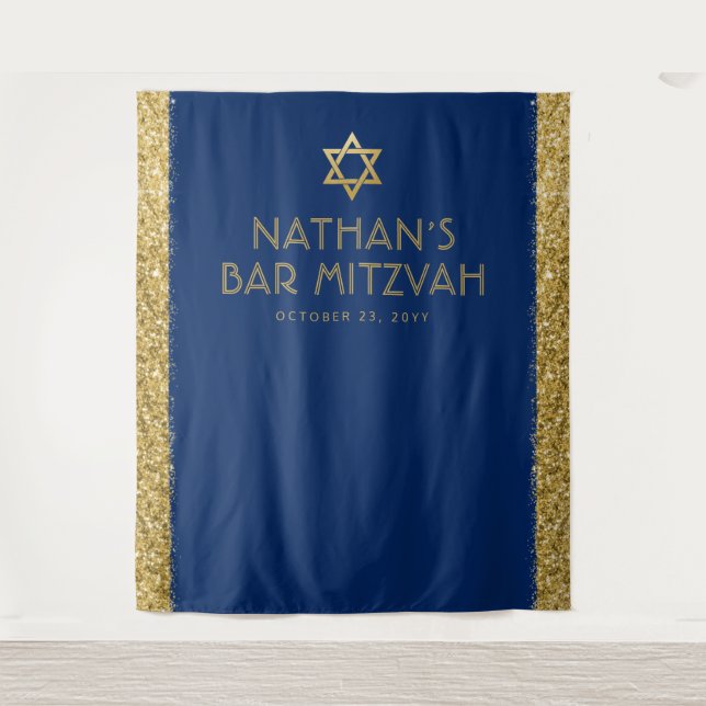 Bar Mitzvah Photo Backdrop Blue Gold Tapestry (Front)