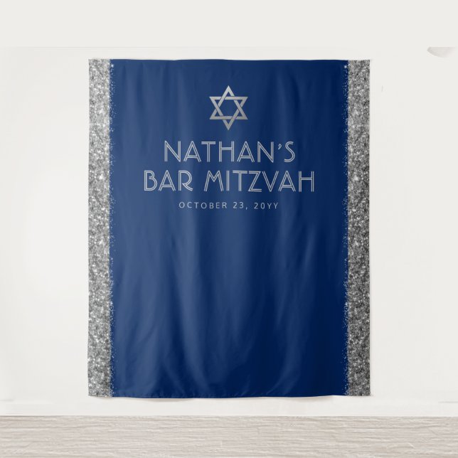 Bar Mitzvah Photo Backdrop Blue Silver Tapestry (Front)