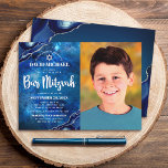 Bar Mitzvah Photo Blue Galaxy Watercolor Agate  Invitation<br><div class="desc">Be proud, rejoice and showcase this milestone of your favourite Bar Mitzvah! Send out this cool, unique, modern, personalised photo invitation for an event to remember. On the left side, white script, bold typography, and Star of David, along with steel blue agate accented with faux silver veins, overlay a deep...</div>