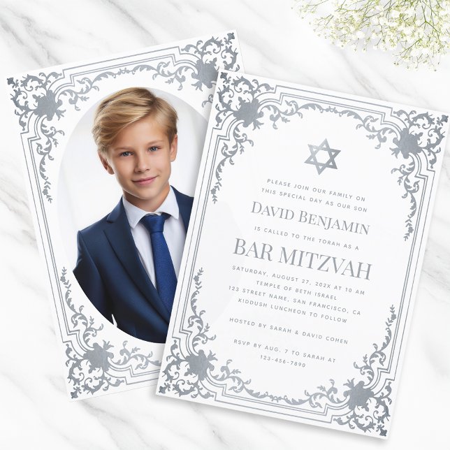 Bar Mitzvah Photo Faux Silver Star Elegant Ornate Invitation (Creator Uploaded)