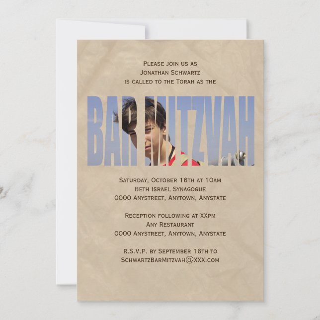 Bar Mitzvah Photo Invitation in Tan (Front)