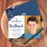 Bar Mitzvah Photo Modern Navy Blue Agate Script Invitation<br><div class="desc">Be proud, rejoice and showcase this milestone of your favourite Bar Mitzvah! Send out this cool, unique, modern, personalised photo invitation for an event to remember. On the left side, navy blue script, bold typography, and Star of David, along with steel blue agate accented with faux silver veins, overlay a...</div>