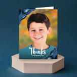 Bar Mitzvah Photo Navy Blue Agate Modern Script  Thank You Card<br><div class="desc">Make sure your favourite Bar Mitzvah shows his appreciation to all who supported his milestone event! Send out this this cool, unique, modern, personalised thank you card! White script typography and navy blue agate rocks accented with faux silver veins overlay the photo of your choice. A navy blue Star of...</div>