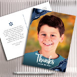 Bar Mitzvah Photo Navy Blue Agate Script Thank You Postcard<br><div class="desc">Make sure your favourite Bar Mitzvah shows his appreciation to all who supported his milestone event! Send out this this cool, unique, modern, personalised thank you postcard! White script typography and navy blue agate rocks accented with faux silver veins overlay the photo of your choice. A navy blue Star of...</div>