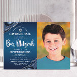 Bar Mitzvah Photo Navy Blue Ombre Agate Script Invitation<br><div class="desc">Be proud, rejoice and showcase this milestone of your favourite Bar Mitzvah! Send out this cool, unique, modern, personalised photo invitation for an event to remember. On the left side, white script, bold typography, and Star of David, along with steel blue agate accented with faux silver veins, overlay a deep...</div>