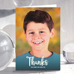 Bar Mitzvah Photo Simple Bold Modern Script Custom Thank You Card<br><div class="desc">Make sure your favourite Bar Mitzvah shows his appreciation to all who supported his milestone event! Send out this this cool, unique, modern, personalised thank you card! White script typography and bold serif typography overlay the photo of your choice. A navy blue Star of David and your personalised note adorn...</div>