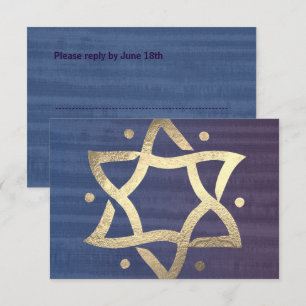 Bar Mitzvah Plum and Blue Wooden Gold Star RSVP Card