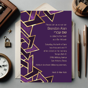 Bar Mitzvah Plum Purple Gold Star of David Invitation