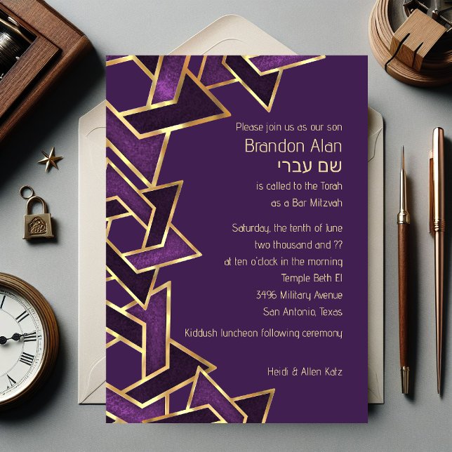Bar Mitzvah Plum Purple Gold Star of David Invitation (Creator Uploaded)