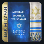 Bar Mitzvah Prayer Shawl Square Sticker<br><div class="desc">Customise this gold and blue Bar Mitzvah with a prayer shawl and Star of David design.</div>