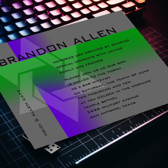 Bar Mitzvah Purple and Green on Any Colour Invitation (Creator Uploaded)