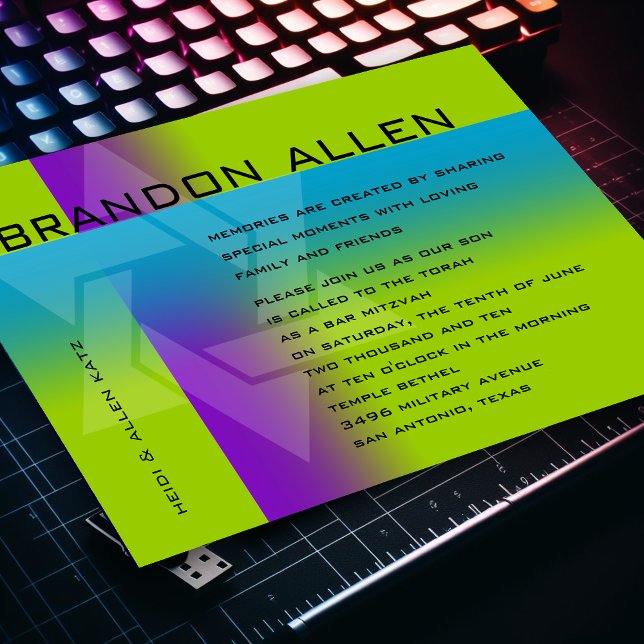 Bar Mitzvah Purple and Turquoise on Any Colour Invitation (Creator Uploaded)