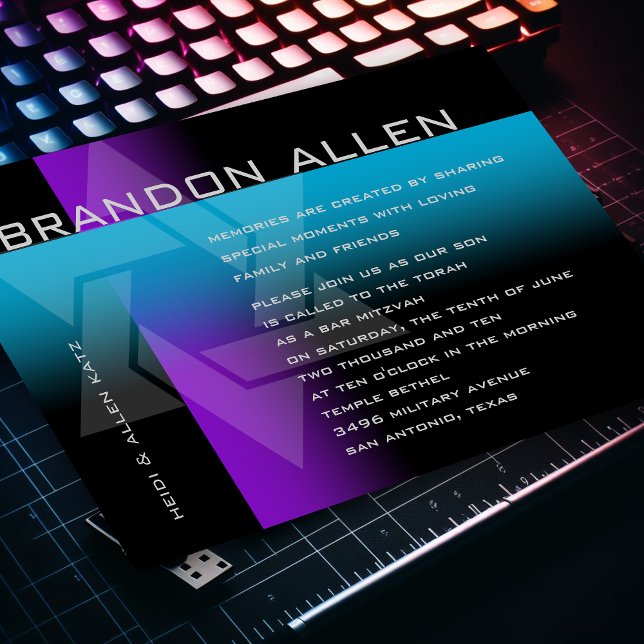 Bar Mitzvah Purple and Turquoise on Any Colour Invitation (Creator Uploaded)