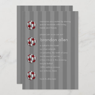 Bar Mitzvah Red and Silver Soccer Ball Invitation