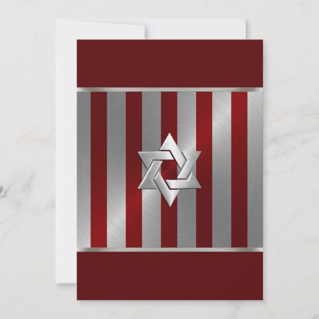 Bar Mitzvah Red and Silver Stripe Star of David Invitation (Front)
