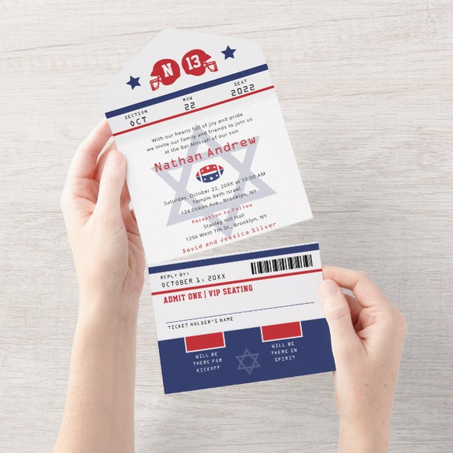 Bar Mitzvah Red Blue Football Sports Ticket All In One Invitation (Tearaway)