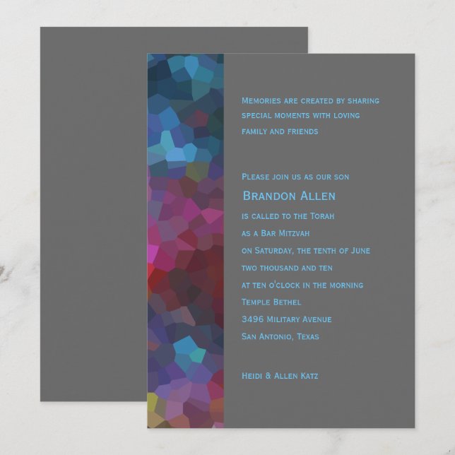 Bar Mitzvah Red Purple Blue Grey Abstract Design Invitation (Front/Back)