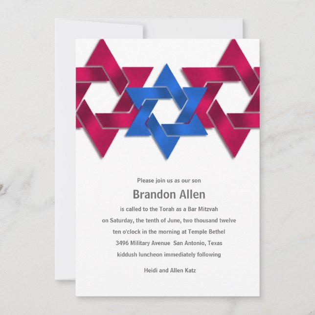 Bar Mitzvah Red White Blue Star of David Invitation (Front)