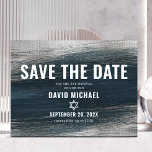 Bar Mitzvah Save Date Charcoal Grey Silver Foil Invitation Postcard<br><div class="desc">Make sure all your friends and relatives will be able to celebrate your son’s milestone Bar Mitzvah! Send out this cool, unique, modern, personalised “Save the Date” announcement postcard. Metallic silver foil brush strokes and Star of David, along with bold, white typography, overlay a rich, dark charcoal grey blue ombre...</div>