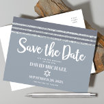 Bar Mitzvah Save Date Grey Silver Tallit Script  Invitation Postcard<br><div class="desc">Make sure all your friends and relatives will be able to celebrate your son’s milestone Bar Mitzvah! Send out this cool, unique, modern, personalised “Save the Date” announcement postcard. Bold, white script typography, Star of David and a soft grey and silver glitter striped tallit inspired graphic overlay a simple, lighter...</div>