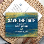 Bar Mitzvah Save Date Modern Turquoise Gold Foil  Invitation Postcard<br><div class="desc">Make sure all your friends and relatives will be able to celebrate your son’s milestone Bar Mitzvah! Send out this cool, unique, modern, personalised “Save the Date” announcement postcard. Faux metallic gold foil brush strokes and Star of David, along with bold, white typography, overlay a rich, turquoise blue ombre paint...</div>