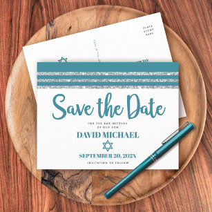 Bar Mitzvah Save Date Teal Silver Tallit Script Invitation Postcard