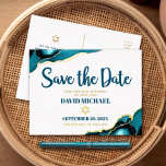 Bar Mitzvah Save Date Turquoise Agate Real Gold Foil Invitation Postcard<br><div class="desc">Make sure all your friends and relatives will be able to celebrate your son’s milestone Bar Mitzvah! Send out this cool, unique, modern, personalised “Save the Date” real gold foil announcement postcard. Dark teal blue script typography, real gold foil sans serif typography and a real gold foil Star of David...</div>
