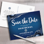 Bar Mitzvah Save the Date Navy Ombre Agate Script  Invitation Postcard<br><div class="desc">Make sure all your friends and relatives will be able to celebrate your son’s milestone Bar Mitzvah! Send out this cool, unique, modern, personalised “Save the Date” announcement postcard. White script typography and Star of David overlay a deep navy blue ombre background with steel blue agate accented with faux silver...</div>