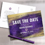 Bar Mitzvah Save the Date Purple Ombre Gold Foil  Invitation Postcard<br><div class="desc">Make sure all your friends and relatives will be able to celebrate your son’s milestone Bar Mitzvah! Send out this cool, unique, modern, personalised “Save the Date” announcement postcard. Metallic gold foil brush strokes and Star of David, along with bold, white typography, overlay a rich, dark purple ombre watercolor background....</div>