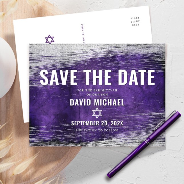 Bar Mitzvah Save the Date Purple Ombre Silver Foil Invitation Postcard (Creator Uploaded)