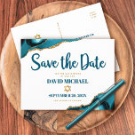 Bar Mitzvah Save the Date Turquoise Agate Script Invitation Postcard<br><div class="desc">Make sure all your friends and relatives will be able to celebrate your son’s milestone Bar Mitzvah! Send out this cool, unique, modern, personalised “Save the Date” announcement postcard. Dark teal blue script typography and faux gold Star of David overlay a simple, clean white background with turquoise blue agate rocks...</div>